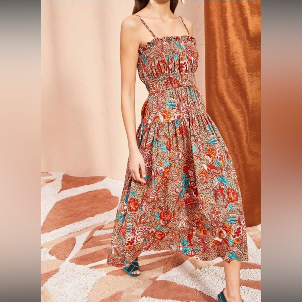 Ulla Johnson Lisbet Brown Midi Sundress with Spaghetti Straps